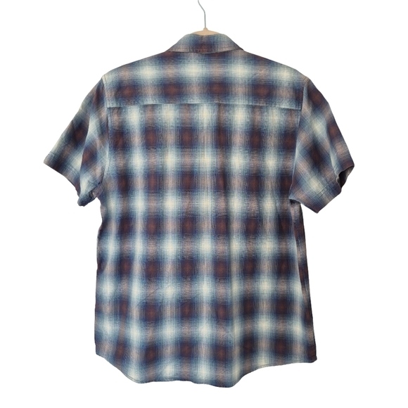 Kolby Blue Brown Plaid Cotton Casual Button Front Shirt Short Sleeve - Picture 2 of 7